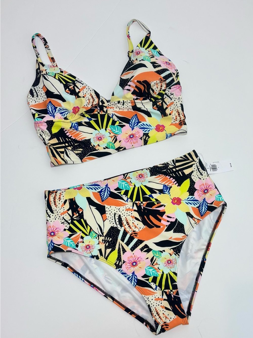 Old Navy Floral Tropical High-Waist Bikini Set in Black, Orange, Yellow, Pink